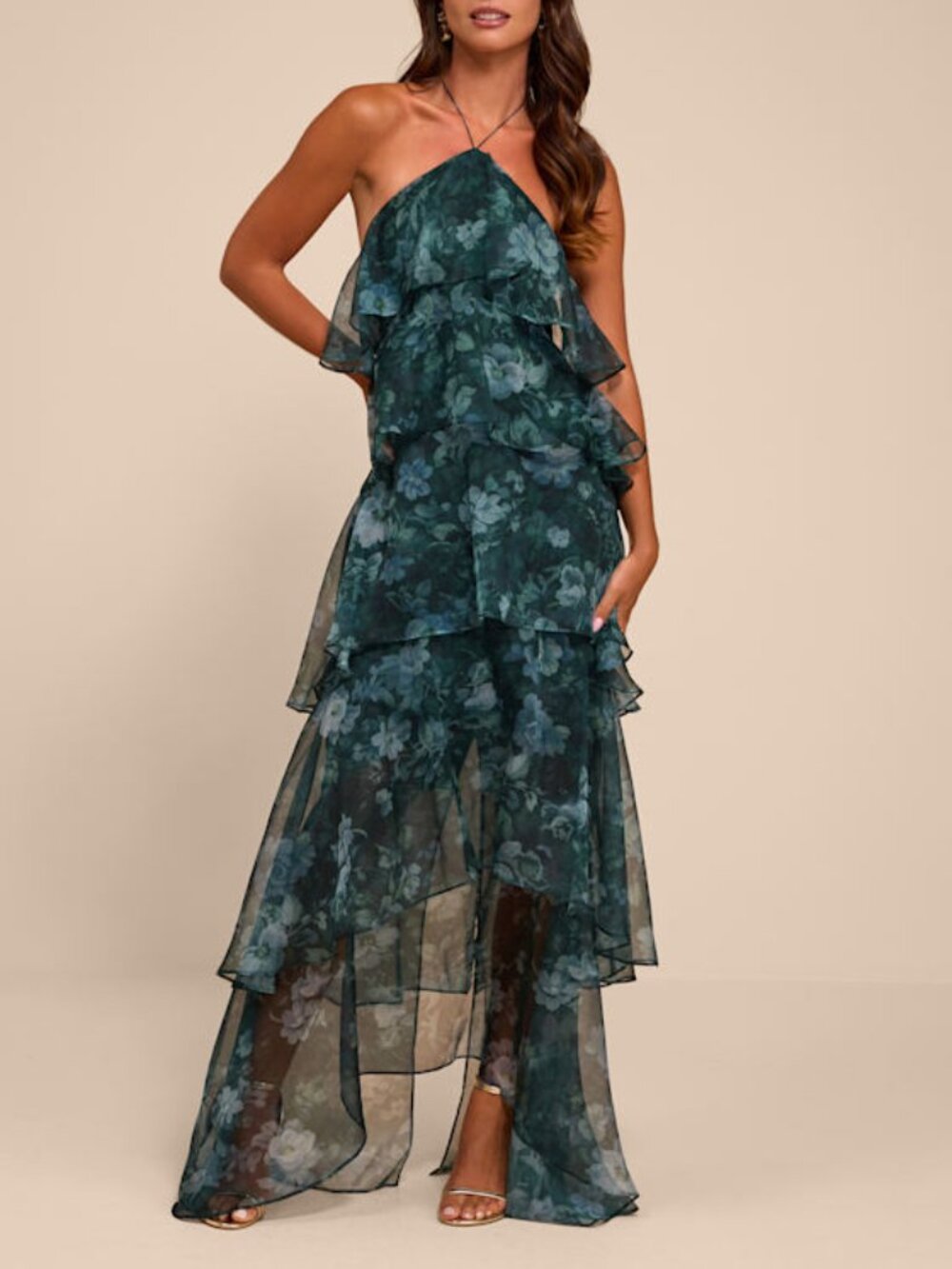 Lulus Melody Dark Green Floral Tiered Halter Maxi Dress - Size S